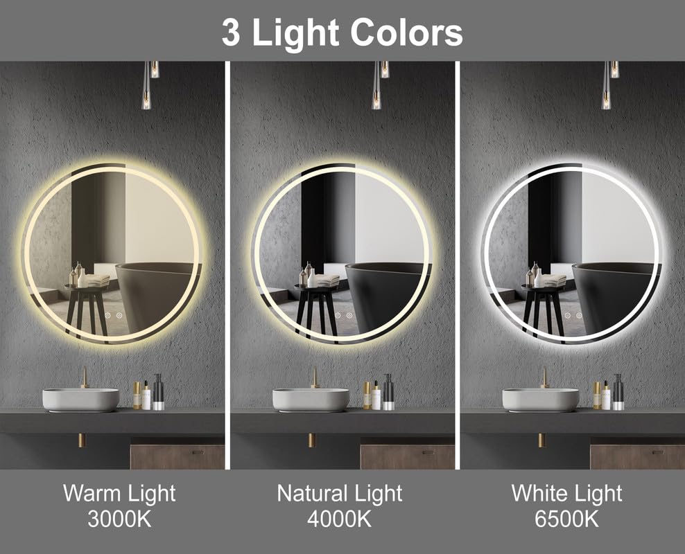 BELOFAY Lucy Round Bathroom LED Mirror with Dimmable Lights, Anti-fog, Shatter-Proof Tempered Glass