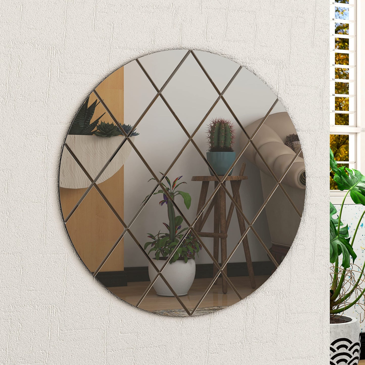 BELOFAY Interiors Art Deco 50cm Grey Round Wall Mirror Glass Design for Bedroom, Modern Wall-Mounted Mirrors for Hallway, Entryways and Lounge