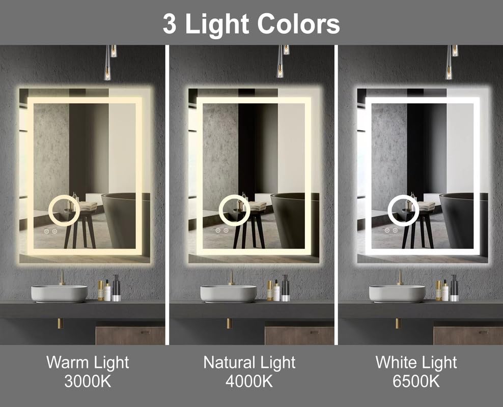 BELOFAY Maxon Rectangle Bathroom LED Mirror with Magnifier and Dimmable Lights, Anti-fog, Shatter-Proof Tempered Glass